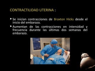 CONTRACTILIDAD UTERINA :
 Se inician contracciones de Braxton Hicks desde el
inicio del embarazo.
 Aumentan de las contracciones en intensidad y
frecuencia durante las últimas dos semanas del
embarazo.

34

 