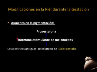 Modificaciones en la Piel durante la Gestación
 Aumento en la pigmentación:
Progesterona
Hormona estimulante de melanocitos
Las cicatrices antiguas se colorean de Color castaño.

 