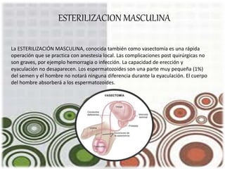 La ESTERILIZACIÓN MASCULINA, conocida también como vasectomía es una rápida
operación que se practica con anestesia local. Las complicaciones post quirúrgicas no
son graves, por ejemplo hemorragia o infección. La capacidad de erección y
eyaculación no desaparecen. Los espermatozoides son una parte muy pequeña (1%)
del semen y el hombre no notará ninguna diferencia durante la eyaculación. El cuerpo
del hombre absorberá a los espermatozoides.
ESTERILIZACION MASCULINA
 