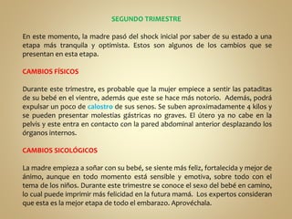 SEGUNDO TRIMESTRE
En este momento, la madre pasó del shock inicial por saber de su estado a una
etapa más tranquila y optimista. Estos son algunos de los cambios que se
presentan en esta etapa.
CAMBIOS FÍSICOS
Durante este trimestre, es probable que la mujer empiece a sentir las pataditas
de su bebé en el vientre, además que este se hace más notorio. Además, podrá
expulsar un poco de calostro de sus senos. Se suben aproximadamente 4 kilos y
se pueden presentar molestias gástricas no graves. El útero ya no cabe en la
pelvis y este entra en contacto con la pared abdominal anterior desplazando los
órganos internos.
CAMBIOS SICOLÓGICOS
La madre empieza a soñar con su bebé, se siente más feliz, fortalecida y mejor de
ánimo, aunque en todo momento está sensible y emotiva, sobre todo con el
tema de los niños. Durante este trimestre se conoce el sexo del bebé en camino,
lo cual puede imprimir más felicidad en la futura mamá. Los expertos consideran
que esta es la mejor etapa de todo el embarazo. Aprovéchala.
 