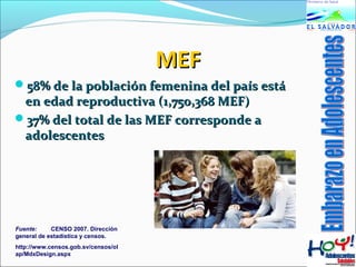 MMEEFF 
5588%% ddee llaa ppoobbllaacciióónn ffeemmeenniinnaa ddeell ppaaííss eessttáá 
eenn eeddaadd rreepprroodduuccttiivvaa ((11,,775500,,336688 MMEEFF)) 
3377%% ddeell ttoottaall ddee llaass MMEEFF ccoorrrreessppoonnddee aa 
aaddoolleesscceenntteess 
Fuente: CENSO 2007. Dirección 
general de estadística y censos. 
http://www.censos.gob.sv/censos/ol 
ap/MdxDesign.aspx 
 