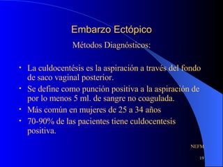 Embarzo Ectópico Métodos Diagnósticos: La culdocentésis es la aspiración a través del fondo de saco vaginal posterior. Se define como punción positiva a la aspiración de por lo menos 5 ml. de sangre no coagulada. Más común en mujeres de 25 a 34 años 70-90% de las pacientes tiene culdocentesis positiva. NEFM 