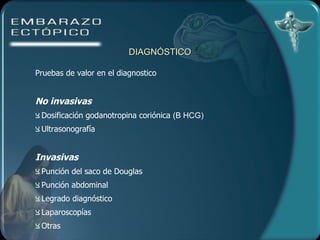 DIAGNÓSTICO Pruebas de valor en el diagnostico No invasivas Dosificación godanotropina coriónica  (B HCG) Ultrasonografía Invasivas Punción del saco de Douglas Punción abdominal Legrado diagnóstico Laparoscopías Otras  