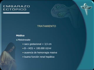 TRATAMIENTO  Médico Metotrexate saco gestacional < 3,5 cm B – HCG < 100.000 UI/ml ausencia de hemorragia masiva buena función renal hepática 