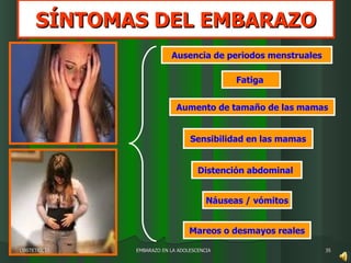 SÍNTOMAS DEL EMBARAZO EMBARAZO EN LA ADOLESCENCIA OBSTETRICIA Ausencia de periodos menstruales Aumento de tamaño de las mamas Sensibilidad en las mamas Fatiga  Náuseas / vómitos Mareos o desmayos reales Distención abdominal   