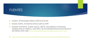 FUENTES
 Carlson, Embriología Médica (2010) El Sevier
 Moore, Kathe. Anatomía Clínica (2012) LWW
 Mankes Catherine, Suárez Leticia. (2012). Sexualidad y embarazo
adolescente en México. Julio 2015, de Universidad Nacional Autónoma
de México Sitio web: http://equidad.org.mx/ddeser/docs/29.7.pdf
 http://www.nlm.nih.gov/medlineplus/spanish/ency/article/001516.htm
 