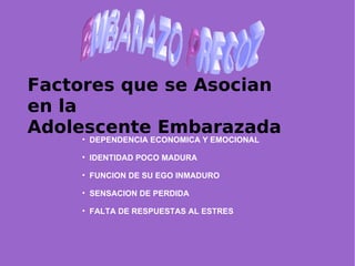 DEPENDENCIA ECONOMICA Y EMOCIONAL IDENTIDAD POCO MADURA FUNCION DE SU EGO INMADURO SENSACION DE PERDIDA FALTA DE RESPUESTAS AL ESTRES Factores que se Asocian en la  Adolescente Embarazada 
