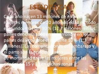 ESTADISTICAS 
ESTADISTICAS. 
Cada año nacen 13 millones de niños de 
mujeres menores de 20 años de edad en todo 
el mundo, más del 90 % (11,7 millones) en los 
países denominados en desarrollo y en los 
países desarrollados el restante 10 % (1,3 
millones). Las complicaciones del embarazo y 
el parto son la principal causa 
de mortalidad entre las mujeres entre las 
edades de 15 y 19 en dichas zonas. 
 