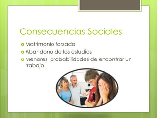 Consecuencias Sociales
Matrimonio forzado
Abandono de los estudios
Menores probabilidades de encontrar un
trabajo