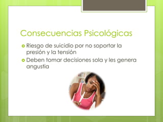 Consecuencias Psicológicas
Riesgo de suicidio por no soportar la
presión y la tensión
Deben tomar decisiones sola y les genera
angustia