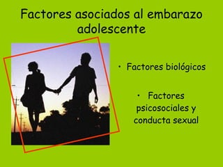 Factores asociados al embarazo 
adolescente 
• Factores biológicos 
• Factores 
psicosociales y 
conducta sexual 
 