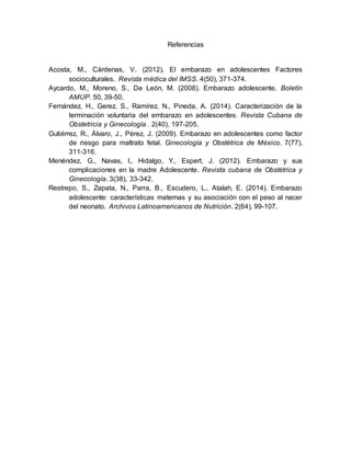 Referencias
Acosta, M., Cárdenas, V. (2012). El embarazo en adolescentes Factores
socioculturales. Revista médica del IMSS. 4(50), 371-374.
Aycardo, M., Moreno, S., De León, M. (2008). Embarazo adolescente. Boletín
AMUP. 50, 39-50.
Fernández, H., Gerez, S., Ramírez, N., Pineda, A. (2014). Caracterización de la
terminación voluntaria del embarazo en adolescentes. Revista Cubana de
Obstetricia y Ginecología . 2(40), 197-205.
Gutiérrez, R., Álvaro, J., Pérez, J. (2009). Embarazo en adolescentes como factor
de riesgo para maltrato fetal. Ginecología y Obstétrica de México. 7(77),
311-316.
Menéndez, G., Navas, I., Hidalgo, Y., Espert, J. (2012). Embarazo y sus
complicaciones en la madre Adolescente. Revista cubana de Obstétrica y
Ginecología. 3(38), 33-342.
Restrepo, S., Zapata, N., Parra, B., Escudero, L., Atalah, E. (2014). Embarazo
adolescente: características maternas y su asociación con el peso al nacer
del neonato. Archivos Latinoamericanos de Nutrición. 2(64), 99-107.
 