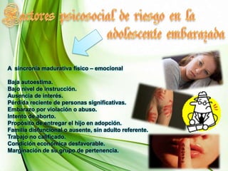 AbortoOtra consecuencia del embarazo en edades tempranas es el riesgo de aborto. Por lo general, las adolescentes recurren a él en edades de gestación tardías (más de 12 semanas). Las causas por las que se producen estos retrasos son muy variadas. Existe un desconocimiento de los signos de embarazo, una dificultad de comunicárselo a la familia, una falta de posibilidades económicas, deseos expresados de tener el hijo y una ambivalencia en relación con este hecho.      Muchas veces por miedo no recurren a consultas apropiadas donde el consejo y la solución les puedan ser facilitados. La reacción depresiva de la adolescente en curso de su embarazo puede ser supremamente fuerte, que puede llevarla al suicidio o intento de suicidio teniendo en cuenta que ésta es la segunda causa de muerte durante la adolescencia.