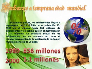 Consecuencias del  adolescenteembarazadoPERSONAL:           Perdida de oportunidades educativas y laborales, madre - solterísimo, matrimonio precoz, pérdida o aplazamiento de metas, baja autoestima, aislamiento, mayor riesgo de enfermedad y aborto, hijos no deseados y falta de afecto hacia ellos (Abandono), grandes responsabilidades a temprana edad.COLEGIO:Expulsión, perdida del año escolar, discriminación y deserción escolar.•FAMILIA:Rechazo, recriminación, conflicto entre padres, aislamiento.•SOCIAL:Discriminación, abandono, aislamiento de los amigos, matrimonio forzado, madre - solterísimo