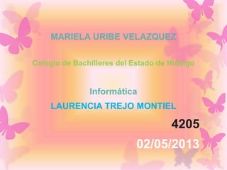 MARIELA URIBE VELAZQUEZ
Colegio de Bachilleres del Estado de Hidalgo
Informática
LAURENCIA TREJO MONTIEL
4205
02/05/2013
 