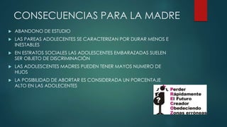 CONSECUENCIAS PARA LA MADRE
 ABANDONO DE ESTUDIO
 LAS PAREAS ADOLECENTES SE CARACTERIZAN POR DURAR MENOS E
INESTABLES
 EN ESTRATOS SOCIALES LAS ADOLESCENTES EMBARAZADAS SUELEN
SER OBJETO DE DISCRIMINACIÓN
 LAS ADOLESCENTES MADRES PUEDEN TENER MAYOS NUMERO DE
HIJOS
 LA POSIBILIDAD DE ABORTAR ES CONSIDERADA UN PORCENTAJE
ALTO EN LAS ADOLECENTES
 