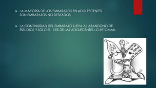  LA MAYORÍA DE LOS EMBARAZOS EN ADOLESCENTES
SON EMBARAZOS NO DESEADOS
 LA CONTINUIDAD DEL EMBARAZO LLEVA AL ABANDONO DE
ESTUDIOS Y SOLO EL 13% DE LAS ADOLECENTES LO RETOMAN
 