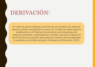DERIVACIÓN:
En caso de que el embarazo sea fruto de una situación de violencia
sexual (cuando la estudiante es menor de 14 años) se debe seguir lo
establecido en el Protocolo de actuación ante situaciones de
violencia cometidas o detectadas en el ámbito educativo (Capítulo 6
del Protocolo de actuación ante casos de violencia sexual detectada
o cometida en el ámbito educativo, Ministerio de Educación, 2017).
 