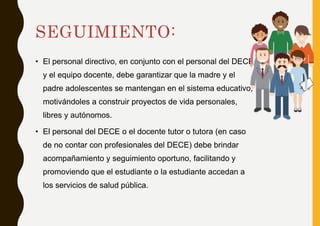 SEGUIMIENTO:
• El personal directivo, en conjunto con el personal del DECE
y el equipo docente, debe garantizar que la madre y el
padre adolescentes se mantengan en el sistema educativo,
motivándoles a construir proyectos de vida personales,
libres y autónomos.
• El personal del DECE o el docente tutor o tutora (en caso
de no contar con profesionales del DECE) debe brindar
acompañamiento y seguimiento oportuno, facilitando y
promoviendo que el estudiante o la estudiante accedan a
los servicios de salud pública.
 