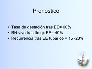 Pronostico <ul><li>Tasa de gestación tras EE= 60% </li></ul><ul><li>RN vivo tras tto qx EE= 40% </li></ul><ul><li>Recurren...
