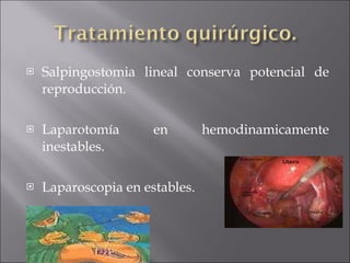 Salpingostomia lineal conserva potencial de reproducción. Laparotomía en hemodinamicamente inestables. Laparoscopia en estables. 