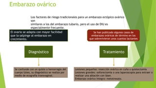 Embarazo ovárico
Los factores de riesgo tradicionales para un embarazo ectópico ovárico
son
similares a los del embarazo tubario, pero el uso de DIU es
especialmente frecuente.
El ovario se adapta con mayor facilidad
que la salpinge al embarazo en
crecimiento.
Se han publicado algunos casos de
embarazos ováricos de término en los
que sobrevivieron unos cuantos lactantes
Diagnóstico
Se confunde con un quiste o hemorragia del
cuerpo lúteo, su diagnóstico se realiza por
medio de ecografía transvaginal.
Tratamiento
Lesiones pequeñas: resección ovárica en cuña u quistectomía
Lesiones grandes: ooforectomía o una laparoscopia para extraer o
realizar una ablación con láser.
Embarazo ovárico íntegro: metotrexato.
 