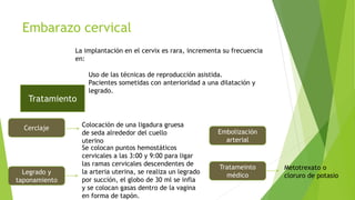 Embarazo cervical
La implantación en el cervix es rara, incrementa su frecuencia
en:
Uso de las técnicas de reproducción asistida.
Pacientes sometidas con anterioridad a una dilatación y
legrado.
Tratamiento
Cerclaje Colocación de una ligadura gruesa
de seda alrededor del cuello
uterino
Legrado y
taponamiento
Se colocan puntos hemostáticos
cervicales a las 3:00 y 9:00 para ligar
las ramas cervicales descendentes de
la arteria uterina, se realiza un legrado
por succión, el globo de 30 ml se infla
y se colocan gasas dentro de la vagina
en forma de tapón.
Embolización
arterial
Tratameinto
médico
Metotrexato o
cloruro de potasio
 