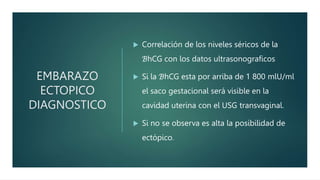 EMBARAZO
ECTOPICO
DIAGNOSTICO
 Correlación de los niveles séricos de la
ℬhCG con los datos ultrasonograficos
 Si la ℬhCG esta por arriba de 1 800 mlU/ml
el saco gestacional será visible en la
cavidad uterina con el USG transvaginal.
 Si no se observa es alta la posibilidad de
ectópico.
 