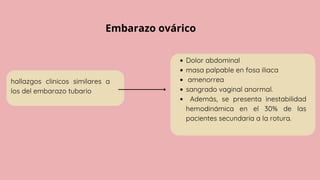 Embarazo ovárico
hallazgos clinicos similares a
los del embarazo tubario
Dolor abdominal
masa palpable en fosa iliaca
amenorrea
sangrado vaginal anormal.
Además, se presenta inestabilidad
hemodinámica en el 30% de las
pacientes secundaria a la rotura.
 