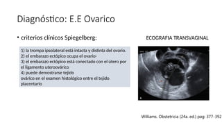 Diagnóstico: E.E Ovarico
• criterios clínicos Spiegelberg:
1) la trompa ipsolateral está intacta y distinta del ovario.
2) el embarazo ectópico ocupa el ovario-
3) el embarazo ectópico está conectado con el útero por
el ligamento uteroovárico
4) puede demostrarse tejido
ovárico en el examen histológico entre el tejido
placentario
ECOGRAFIA TRANSVAGINAL
Williams. Obstetricia (24a. ed.) pag: 377-392
 