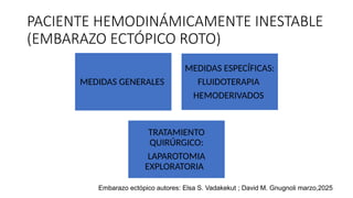 PACIENTE HEMODINÁMICAMENTE INESTABLE
(EMBARAZO ECTÓPICO ROTO)
MEDIDAS GENERALES
MEDIDAS ESPECÍFICAS:
FLUIDOTERAPIA
HEMODERIVADOS
TRATAMIENTO
QUIRÚRGICO:
LAPAROTOMIA
EXPLORATORIA
Embarazo ectópico autores: Elsa S. Vadakekut ; David M. Gnugnoli marzo,2025
 