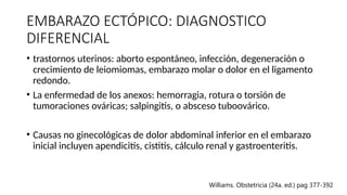 EMBARAZO ECTÓPICO: DIAGNOSTICO
DIFERENCIAL
• trastornos uterinos: aborto espontáneo, infección, degeneración o
crecimiento de leiomiomas, embarazo molar o dolor en el ligamento
redondo.
• La enfermedad de los anexos: hemorragia, rotura o torsión de
tumoraciones ováricas; salpingitis, o absceso tuboovárico.
• Causas no ginecológicas de dolor abdominal inferior en el embarazo
inicial incluyen apendicitis, cistitis, cálculo renal y gastroenteritis.
Williams. Obstetricia (24a. ed.) pag 377-392
 