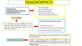 1
2
En el embarazo uterino, la hCG-β sérica debe
aumentar entre 53 y 66% cada 48 h, si no se
eleva de forma adecuada, significa que el
embarazo es inviable.
PRESENCIA DE
MANIFESTACIONES CLÍNICAS Y
EXPLORACIÓN FÍSICA
HCG- B SÉRICA
Diagnosticar embarazo ectópico cuando la hCG-β sérica y la ecografía no
son concluyentes
PROGESTERONA SERICA Cuando la concentración sérica de progesterona es <5 ng/ml, se
identificó embarazo inviable. Por el contrario, una concentración >20
ng/ml tuvo sensibilidad de 95% con especificidad de 40% para identificar
embarazo sano.
DIAGNOSTICO
 