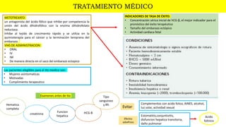 TRATAMIENTO MÉDICO
INDICADORES DE TASA DE ÉXITO:
• Concentración sérica inicial de hCG-β, el mejor indicador para el
pronóstico del éxito terapéutico
• Tamaño del embarazo ectópico
• Actividad cardiaca fetal
METOTREXATO:
un antagonista del ácido fólico que inhibe por competencia la
unión del ácido dihidrofólico con la enzima dihidrofolato
reductasa.
Inhibe al tejido de crecimiento rápido y se utiliza en la
quimioterapia para el cáncer y la terminación temprana del
embarazo.
VIAS DE ADMINISTRACION:
• ORAL
• IV
• IM
• De manera directa en el saco del embarazo ectopico
Las pacientes elegibles para el tto medico son:
• Mujeres asintomaticas
• Motivadas
• Cumplimiento terapeutico
creatinina
Hematica
completa
Funcion
hepatica
HCG-B
Tipo
sanguineo
y Rh
Examenes antes de tto
Evitar
Complementos con acido folico, AINES, alcohol,
luz solar, actividad sexual
Efectos
advefrsos
Estomatitis,conjuntivitis,
disfuncion hepatica transitoria,
daño pulmonar
Acido
folinico
 