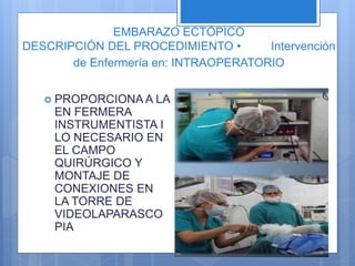 EMBARAZO ECTÓPICO
DESCRIPCIÓN DEL PROCEDIMIENTO • Intervención
de Enfermería en: INTRAOPERATORIO
 PROPORCIONA A LA
EN FERMERA
INSTRUMENTISTA I
LO NECESARIO EN
EL CAMPO
QUIRÚRGICO Y
MONTAJE DE
CONEXIONES EN
LA TORRE DE
VIDEOLAPARASCO
PIA
 