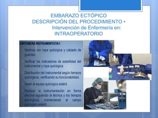 EMBARAZO ECTÓPICO
DESCRIPCIÓN DEL PROCEDIMIENTO •
Intervención de Enfermería en:
INTRAOPERATORIO
 