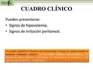 EMBARAZO
 ECTÓPICO



                    CUADRO CLÍNICO
      Pueden presentarse:
      • Signos de hipovolemia.
      • ...