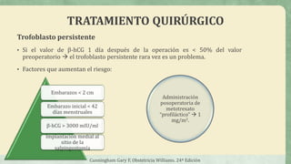 TRATAMIENTO QUIRÚRGICO
Trofoblasto persistente
• Si el valor de β-hCG 1 día después de la operación es < 50% del valor
preoperatorio  el trofoblasto persistente rara vez es un problema.
• Factores que aumentan el riesgo:
Cunningham Gary F, Obstetricia Williams. 24ª Edición
Embarazos < 2 cm
Embarazo inicial < 42
días menstruales
β-hCG > 3000 mIU/ml
Implantación medial al
sitio de la
salpingostomía
Administración
posoperatoria de
metotrexato
“profiláctico”  1
mg/m2.
 