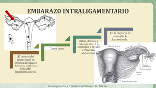 EMBARAZO INTRALIGAMENTARIO
Cunningham Gary F, Obstetricia Williams. 24ª Edición
El contenido
gestacional se
expulsa al espacio
formado entre las
hojas del
ligamento ancho.
Casos raros.
Datos clínicos y
tratamiento  se
asemejan a los del
embarazo
abdominal.
En la mayoría es
necesaria la
laparotomía.
 