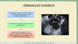 Factores de riesgo, síntomas y signos
iniciales  similares a los del
embarazo tubárico.
Consecuencia usual  rotura en una
etapa inicial.
Ecografía transvaginal  área
anecoica interna rodeada por un
anillo ecógeno ancho, rodeado a su
vez por la corteza ovárica.
Cunningham Gary F, Obstetricia Williams. 24ª Edición
EMBARAZO OVÁRICO
 