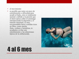 4 al 6 mes
• el movimiento
• es posible que notes un poco de
estreñimiento o dificultad para
acudir al baño, esto es totalmente
normal y debido a la presión que
el útero ejerce sobre el estomago
entorpeciendo la digestión y el
tránsito intestinal, es muy
recomendable hacer comidas ricas
en fibra, come mucha
fruta, verdura y hortalizas, te
ayudarán a evitar este
estreñimiento y las almorranas
típicas de la embarazada.
 