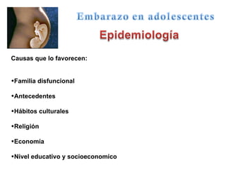 Causas que lo favorecen: Familia disfuncional Antecedentes Hábitos culturales Religión Economía Nivel educativo y socioeconomico 