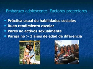 Embarazo adolescente -Factores protectores Práctica usual de habilidades sociales Buen rendimiento escolar Pares no activos sexualmente  Pareja no > 3 años de edad de diferencia  