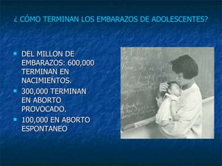 ¿ CÓMO TERMINAN LOS EMBARAZOS DE ADOLESCENTES? DEL MILLON DE EMBARAZOS: 600,000 TERMINAN EN NACIMIENTOS. 300,000 TERMINAN EN ABORTO PROVOCADO. 100,000 EN ABORTO ESPONTANEO 
