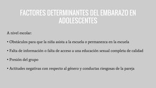 FACTORES DETERMINANTES DEL EMBARAZO EN
ADOLESCENTES
A nivel escolar:
• Obstáculos para que la niña asista a la escuela o permanezca en la escuela
• Falta de información o falta de acceso a una educación sexual completa de calidad
• Presión del grupo
• Actitudes negativas con respecto al género y conductas riesgosas de la pareja
 
