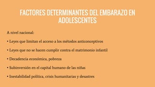 FACTORES DETERMINANTES DEL EMBARAZO EN
ADOLESCENTES
A nivel nacional:
• Leyes que limitan el acceso a los métodos anticonceptivos
• Leyes que no se hacen cumplir contra el matrimonio infantil
• Decadencia económica, pobreza
• Subinversión en el capital humano de las niñas
• Inestabilidad política, crisis humanitarias y desastres
 