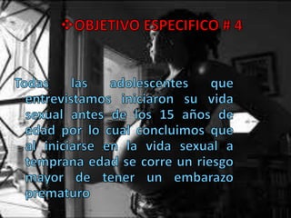 CONCLUSIÓNEl embarazo adolescente no solo es un error por un rato o un “momento de calentura” es un producto de diversos factores que favorecen el mismo, así mismo consideramos que es importante la comunicación  efectiva que pueda tener el adolescente con su núcleo familiar y todo su entorno.La familia llega a ser un factor determinante en las conductas de los adolescentes.