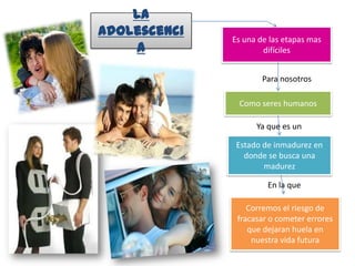 La adolescenciaEs una de las etapas mas difícilesPara nosotrosComo seres humanosYa que es unEstado de inmadurez en donde se busca una madurezEn la queCorremos el riesgo de fracasar o cometer errores que dejaran huela en nuestra vida futura