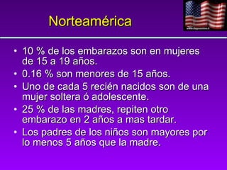 Norteamérica 10 % de los embarazos son en mujeres de 15 a 19 años. 0.16 % son menores de 15 años. Uno de cada 5 recién nacidos son de una mujer soltera ó adolescente. 25 % de las madres, repiten otro embarazo en 2 años a mas tardar. Los padres de los niños son mayores por lo menos 5 años que la madre. 