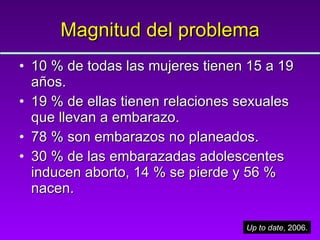 Magnitud del problema 10 % de todas las mujeres tienen 15 a 19 años. 19 % de ellas tienen relaciones sexuales que llevan a embarazo. 78 % son embarazos no planeados. 30 % de las embarazadas adolescentes inducen aborto, 14 % se pierde y 56 % nacen. Up to date , 2006. 